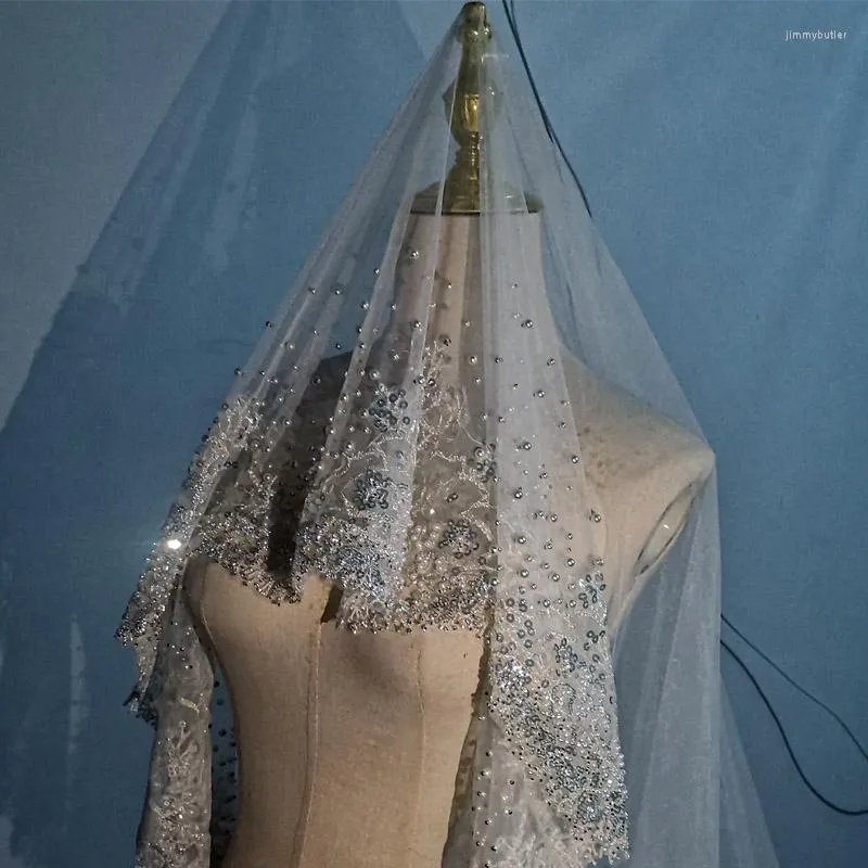 Voiles de mariée luxueux perlé voile de paillettes accessoires de mariage romantique 2023 perle cathédrale mariée dissimulée