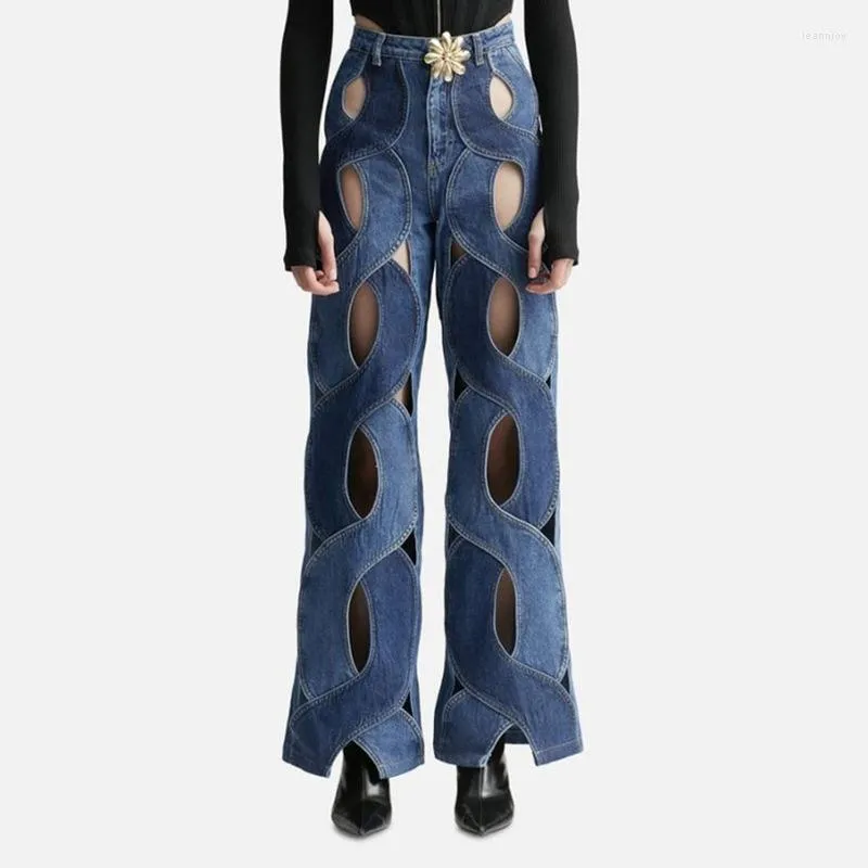Calças femininas mulheres streetwear recorte oco para fora criss cruz reta flare denim 2023 outono perna larga calças de brim senhora do escritório