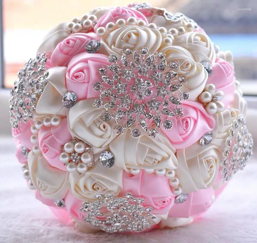 Bröllopsblommor handgjorda rosa konstgjorda rosen rhinestone brud brudtärna buequet röd lila diamant brosch bukett blomma