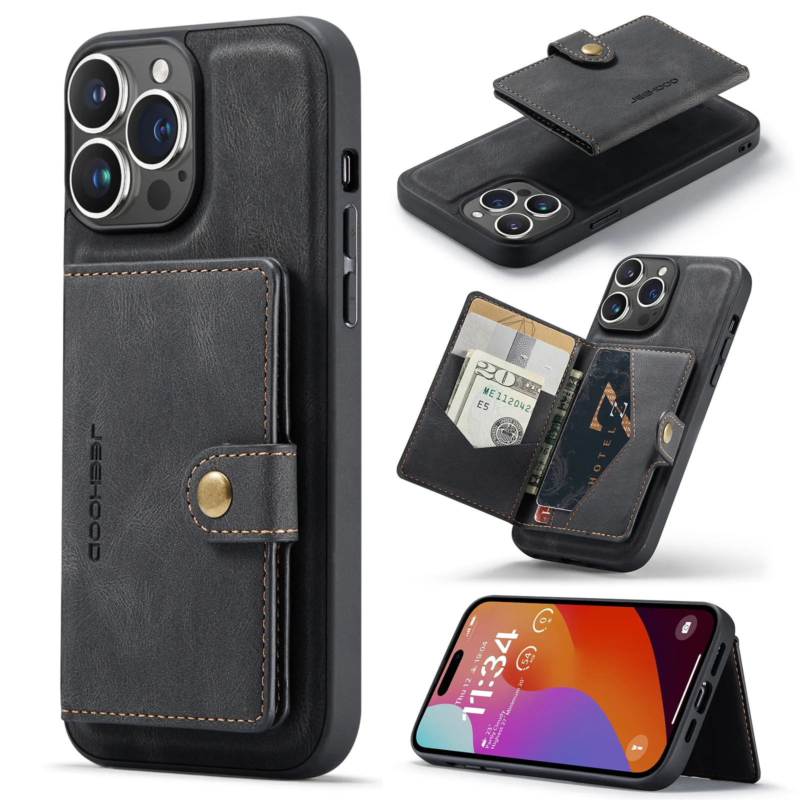 Shockproof Leather 2in1 Detachable Card Holder Wallet Case For iPhone 15 Pro Max 14 13 12 11 XR XS X 8 7 Flip Kickstand Removable Phone Covers Conque
