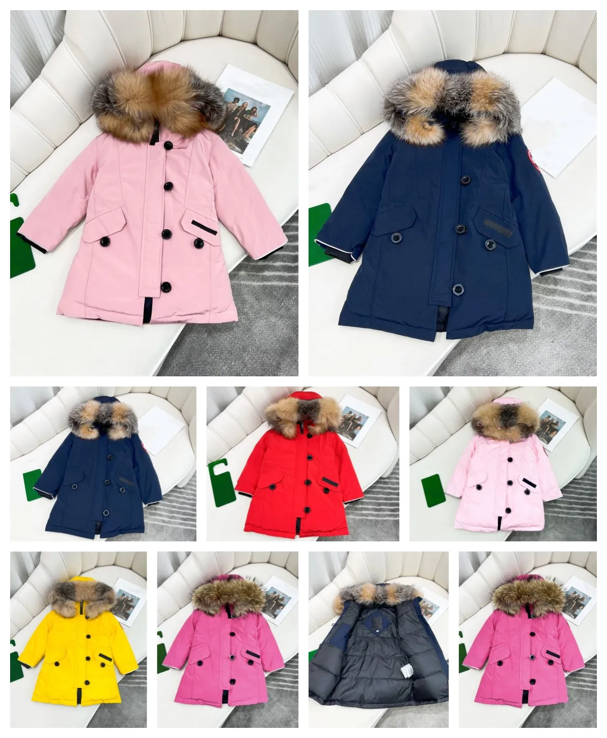 Manteau pour enfants Vêtements de créateurs pour bébés Manteaux en duvet Veste pour enfants avec badge à capuche épais vêtements d'extérieur chauds fille garçon filles parkas classiques 100% vestes à col en fourrure de loup vêtements