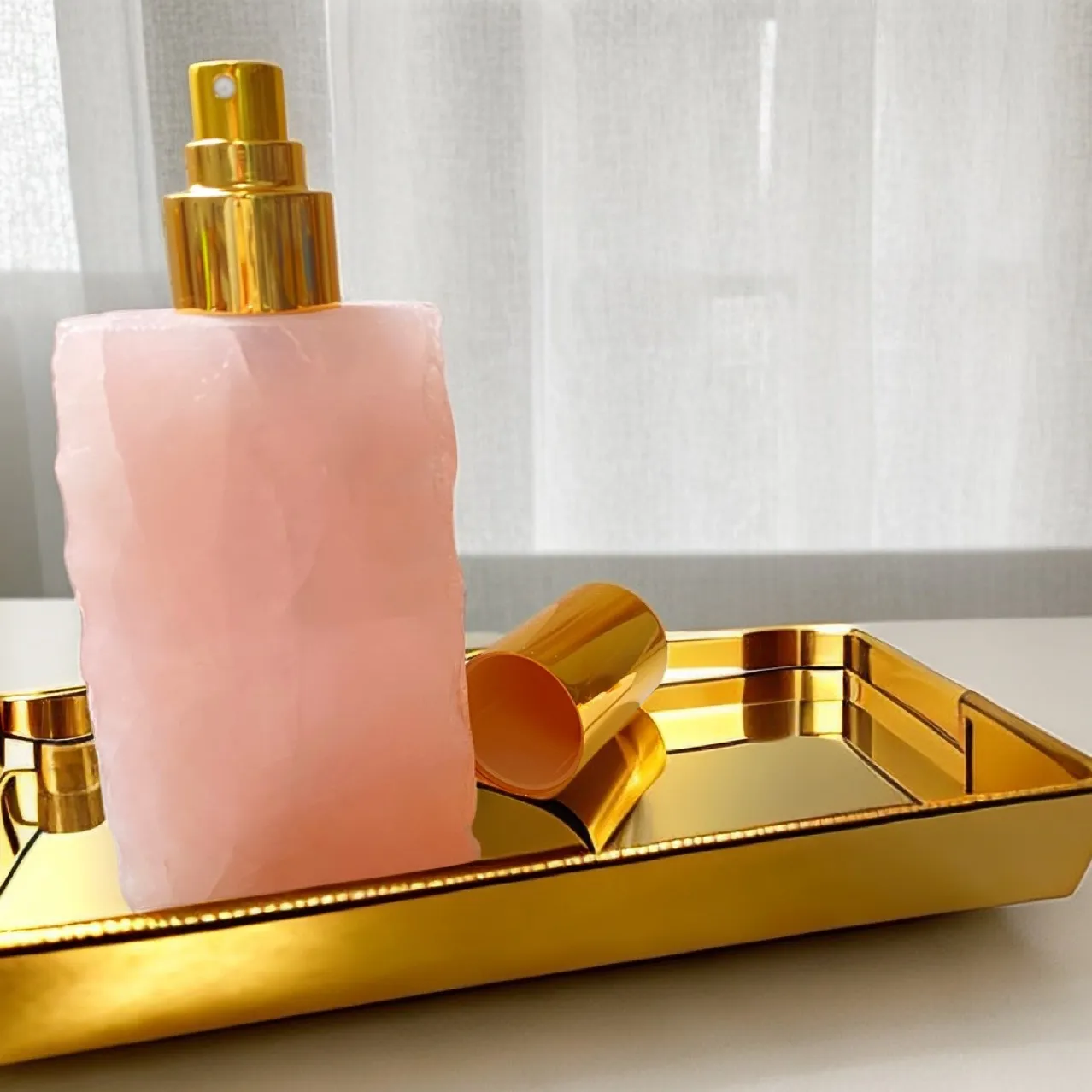 Bouteille de parfum en pierre brute de quartz rose de luxe, distributeur de parfum en pierre précieuse de jade naturel, flacon pulvérisateur, pierre de guérison de beauté pour accessoires de décoration intérieure