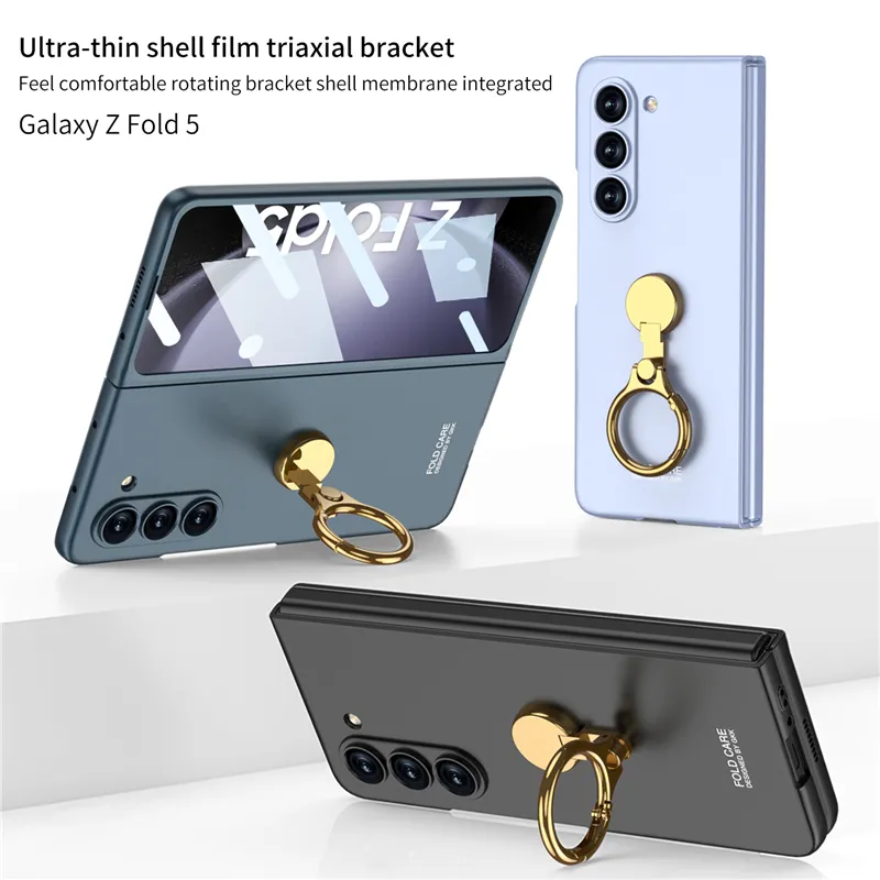 Capa de telefone luxuosa ultrafina de filme temperado Vogue para Samsung Galaxy Z dobrável Fold5 5G suporte de anel durável protetor completo de membrana de cor sólida suporte dobrável
