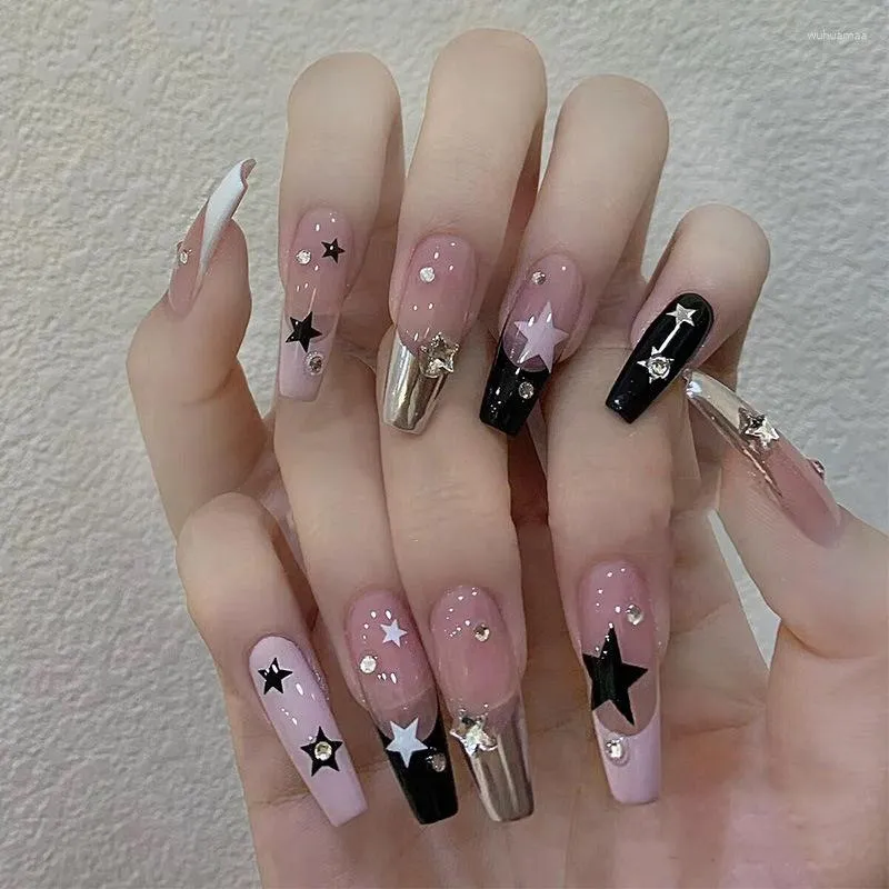 False Nails 24pcs som bär Y2K Nail Patches French Press On Long Ballet Tips Diamond Fake Stars Designs Art