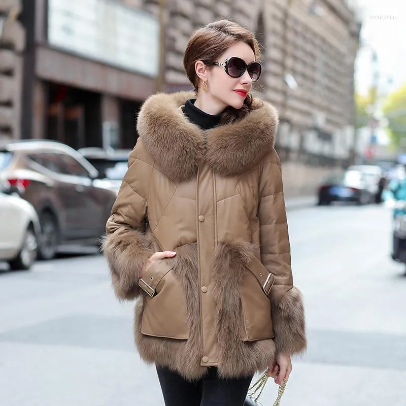 Women's Leather 2023 Fur Collar Hooded Genuine Sheepskin Jackets Autumn Winter 90%White Duck Down Female Jacket Coats RopaZj