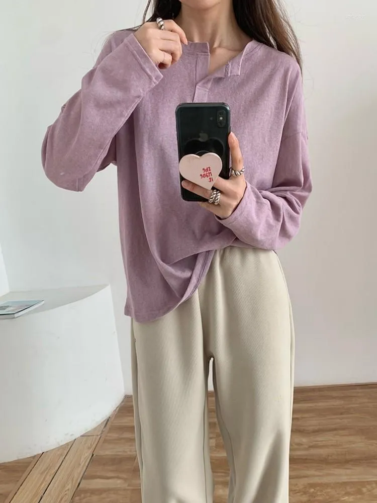 Women's T Shirts Full Sleeve Semi Sheering Loose Casual Shirt Woman 2023 Autumn Fashion Cotton Blend Button Zip Up Leisure Tee Tops Purple