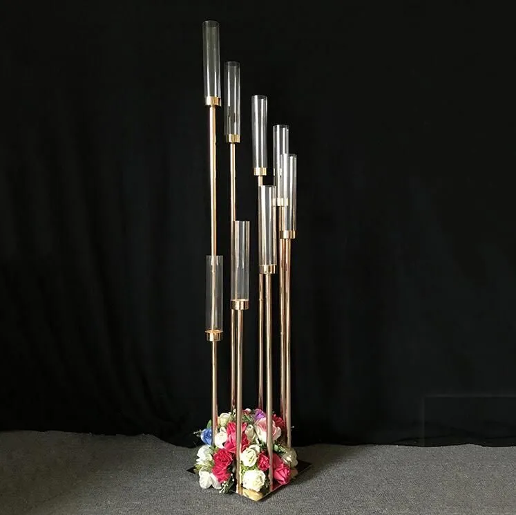 Bröllopsbord centrumstycke Flower Stand Candle Holder 8 Heads Ljusstake med lampskärm Metall Gold Candelabra utan lampa ZZ