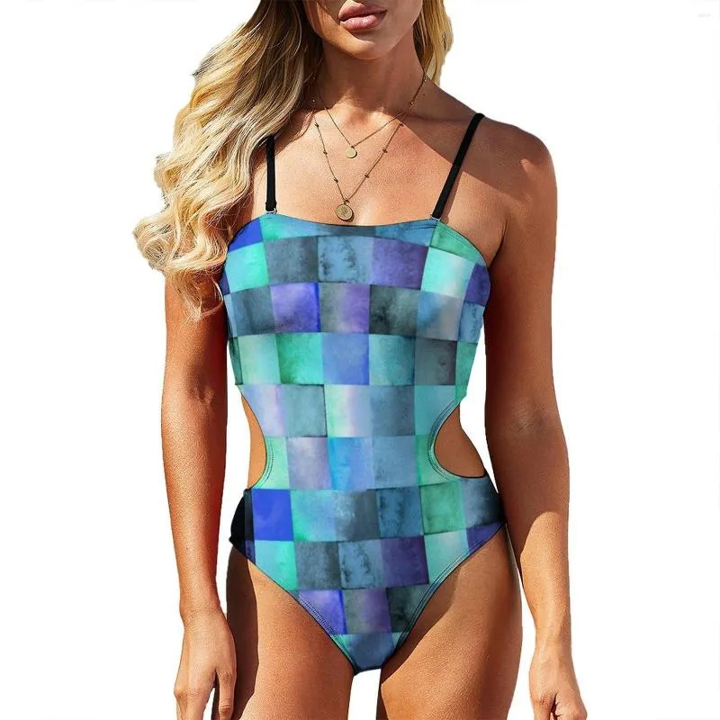 Costume da bagno da donna Costume da bagno con geometria colorata Costume intero quadrato acquerello Costume da bagno push up femminile sexy