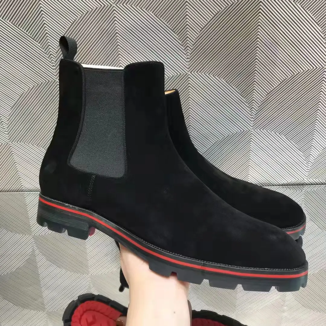 Marcas famosas Botas de tobillo con picos de melón de invierno Mujer Plataforma de cuero de becerro negro Suela Hombres Martin Booty Vestido de fiesta Bota de motocicleta EU38-46 con caja