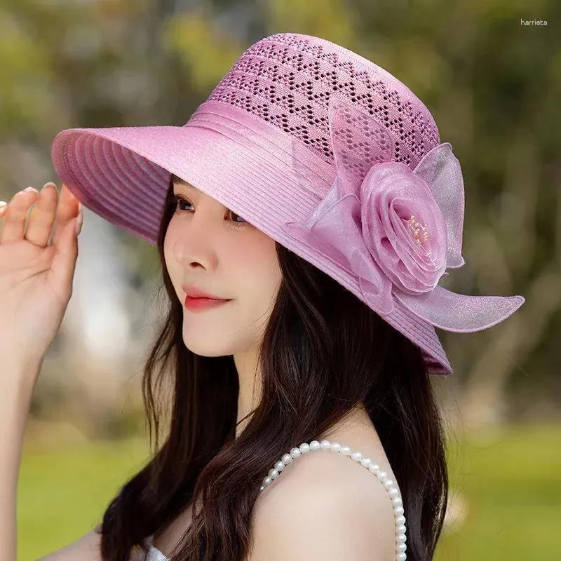 Breda randen hattar eleganta mode kvinnor för kvinnor stor båge blomma sommarsol skydd hatt bröllop andas havsstrand