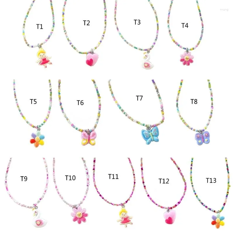 Pendant Necklaces Colorful Cartoon Heart Butterfly Beaded Necklace Sweet And Lovely Flower Jewelry For Women Girl Teen