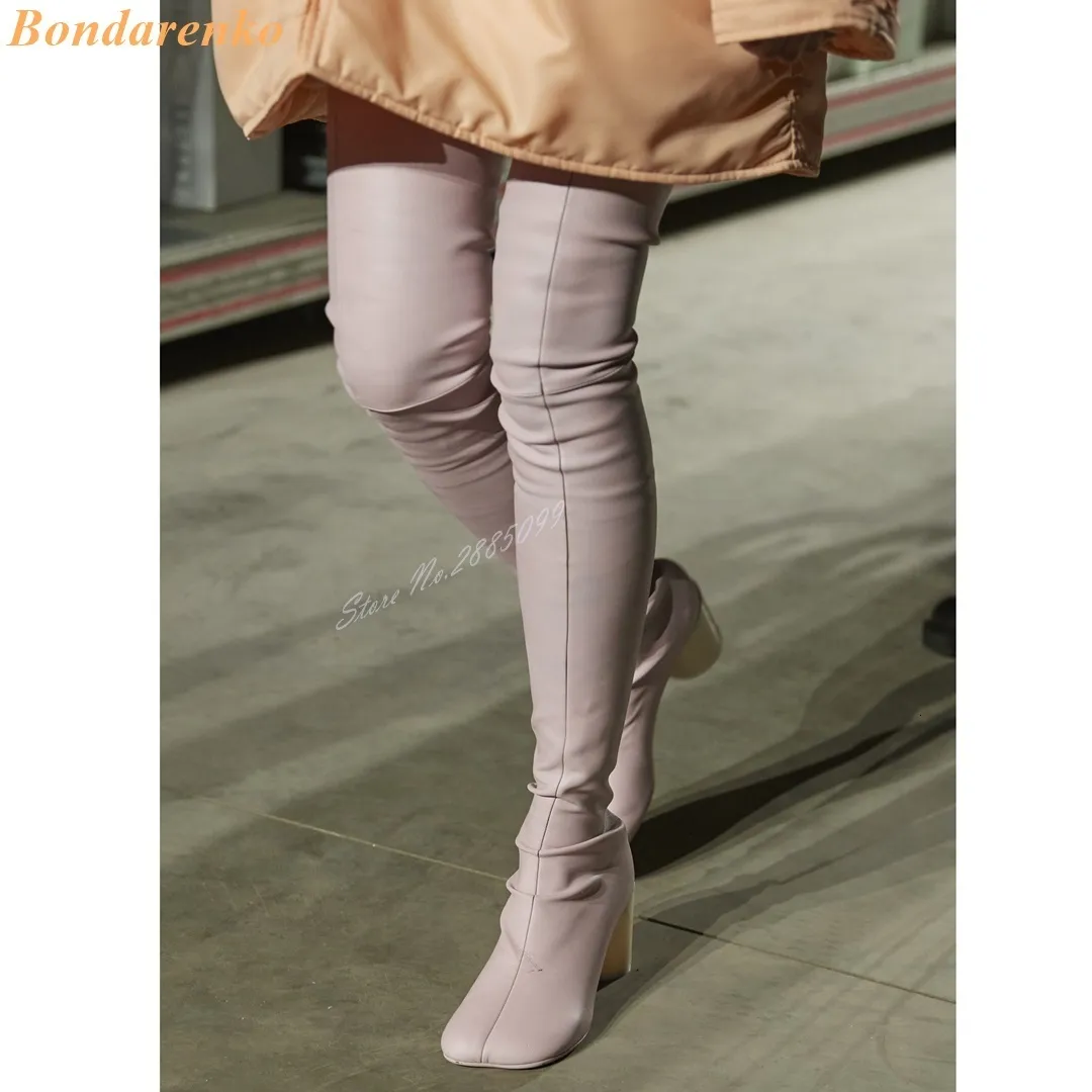 Boots Square Toes Fitted Long Round High Heels Elastic Leather Thigh Boot Sexy Style Autumn Party Shoes Slip On 230911