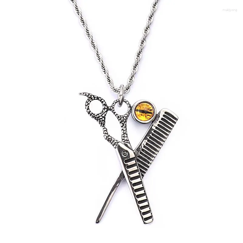 Pendant Necklaces Fashion Men Retro Color Black Blue Yellow Stones Stainless Steel Hair Stylist Comb Scissors Pendants Necklace Jewelry