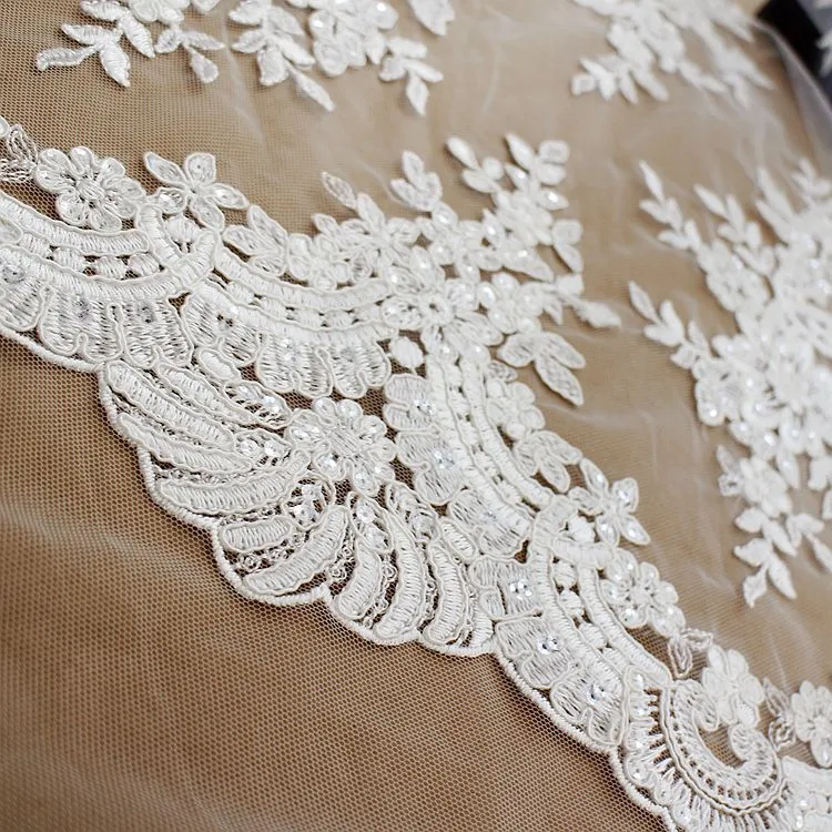 White French shiny vintage lace embroidery fabric with sequins wedding dress gauze clothing materials DIY accessories Lace fabric T037