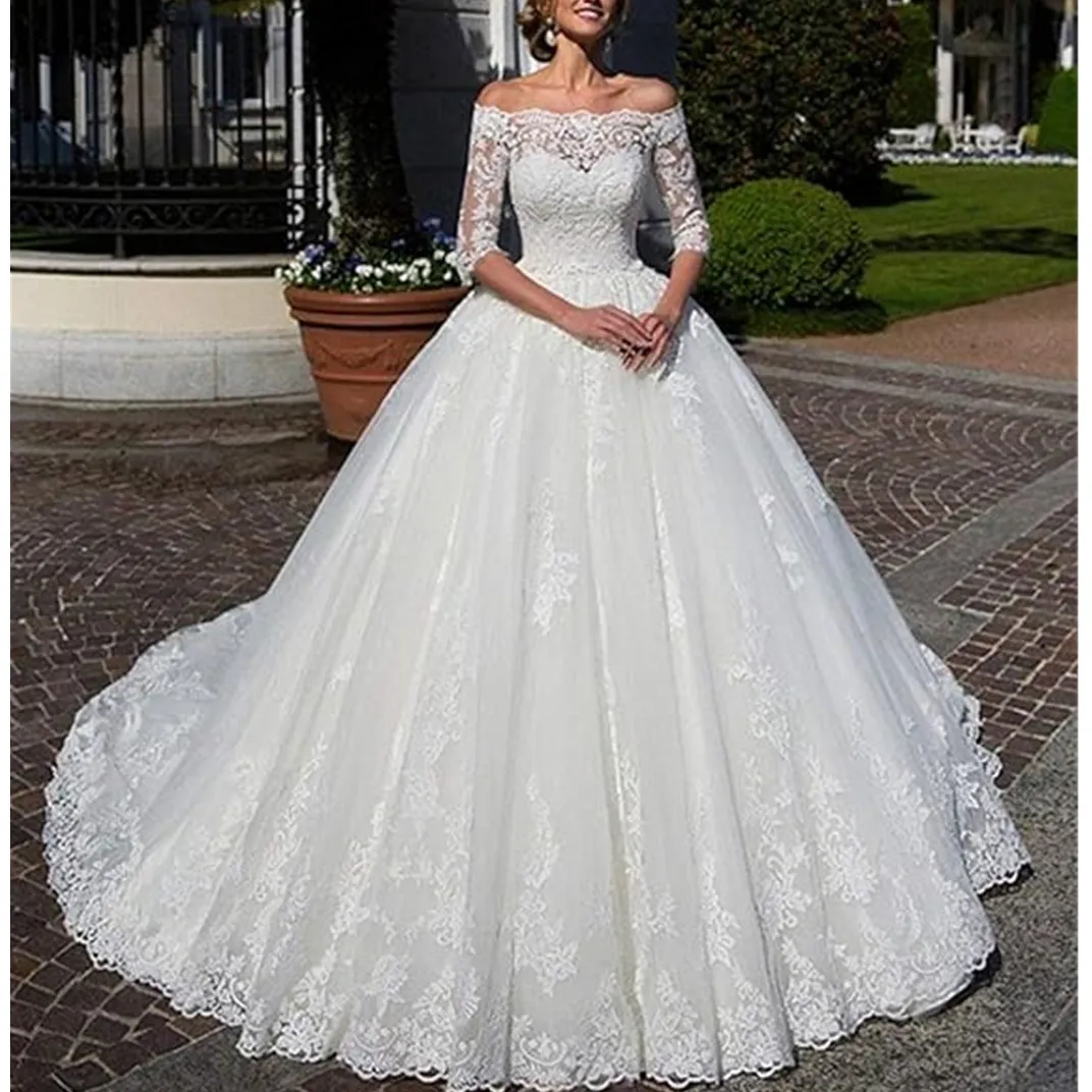 Abiti da sposa in pizzo con spalle scoperte Appliques Abiti maniche ad aletta Lace Up Back Abiti da sposa principessa gonfia Dubai Designer Sweep Train Ruffles abiti da sposa