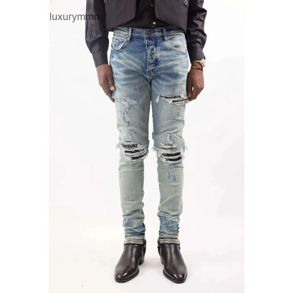 Denim Amiryes dżins Designer Pants Man Mens Jean's Men Jeans Summer New Blue Patchwork Patch Hole 52jf