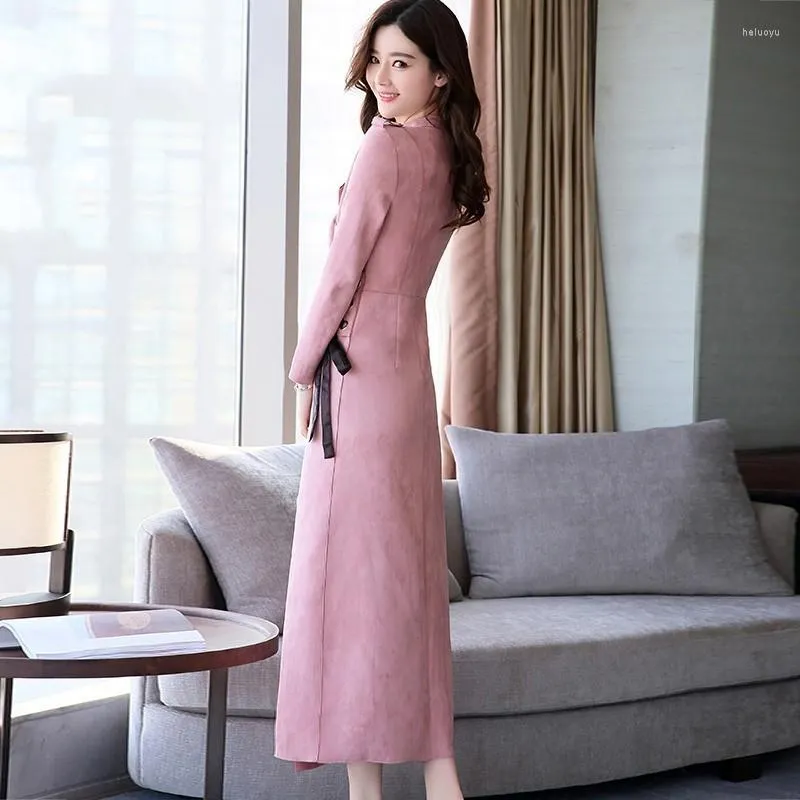 Casual Dresses Women Autumn Winter Maxi Long Dress Pink Soe Up Suede Leather Slim Fit Office Ladies Sleeve Straight Party