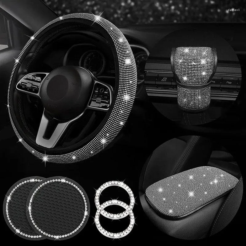 Steering Wheel Covers 7 Pcs Rhinestone Car Cover Cupholder Starter Button Handlebar Glove Armrest Interior Kit