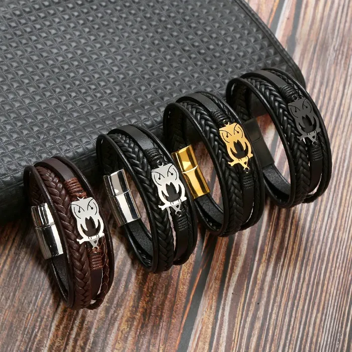 Punk aço inoxidável coruja charme pulseira de aço inoxidável ímã fivela couro trançado pulseiras pulseira manguito para homens moda jóias