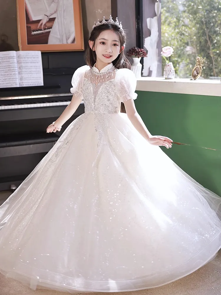 New Princess Shiny Flower Dresses Pearls Children First Communion Ball Gown Wedding Party Pageant Formal Prom Little Baby Girl Birthday Dress 403