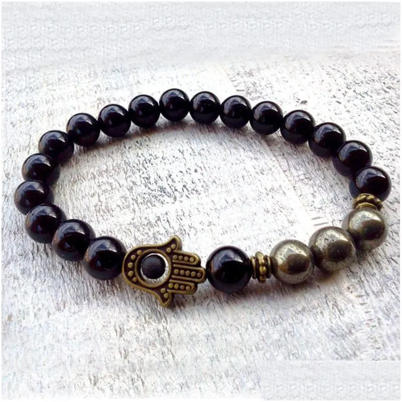 Beaded Sn0591 New Design Pyrite Hamsa Bracelet Fatima Hand For Men Onyx And Jewelry Drop Delivery Bracelets Dhgarden Dhc7B