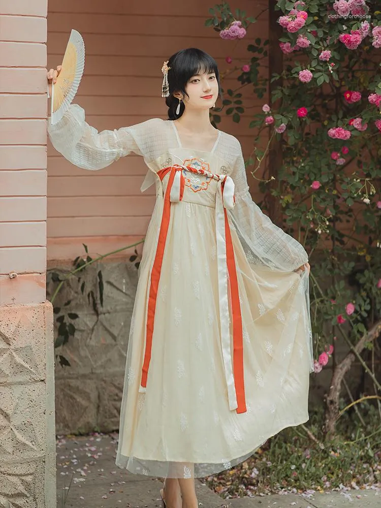 Casual Dresses Women Hanfu Vestidos Sweet Retro Dress Summer Lantern Sleeve Square Neck Elegant And Chic Mesh Embroidered Gentle Fairy