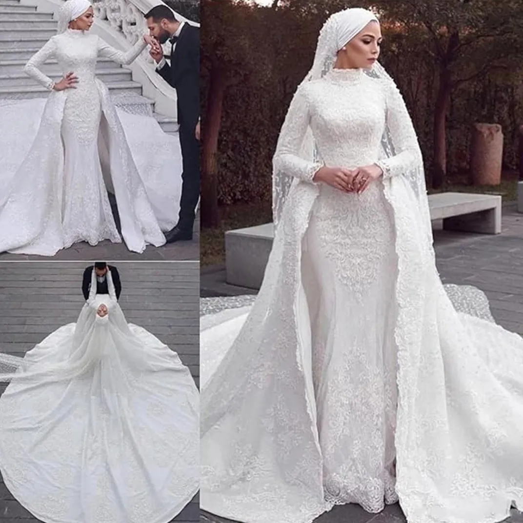 Vestidos de novia musulmanes árabes Mangas largas Vestidos de novia de sirena Vestidos con volantes Apliques de encaje Impresionantes vestidos de novia de cuello alto Aso Ebi