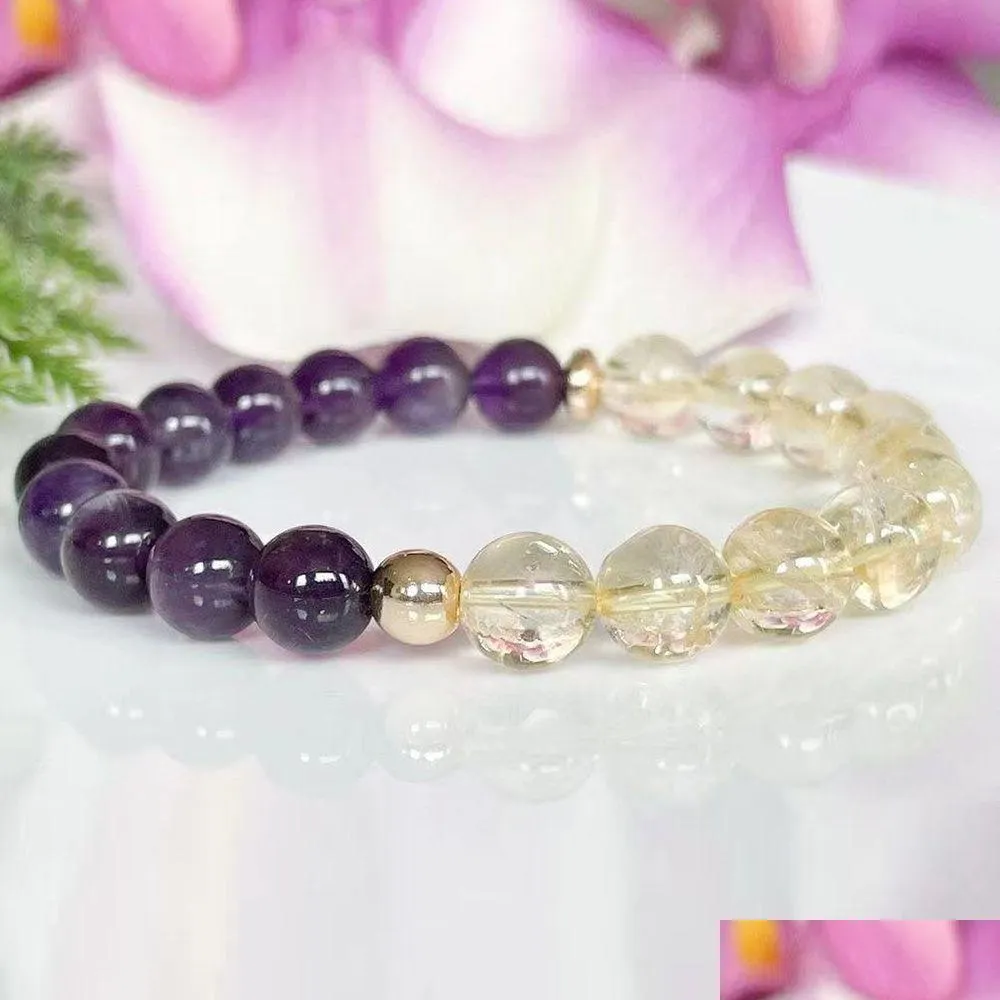 Beaded Mg1574 Strand Natural Citrine Amethyst Gemstone Womens Bracelet Healing Crystals Mala Anxiety Relief Yoga Gift Idea D Dhgarden Dhhqy