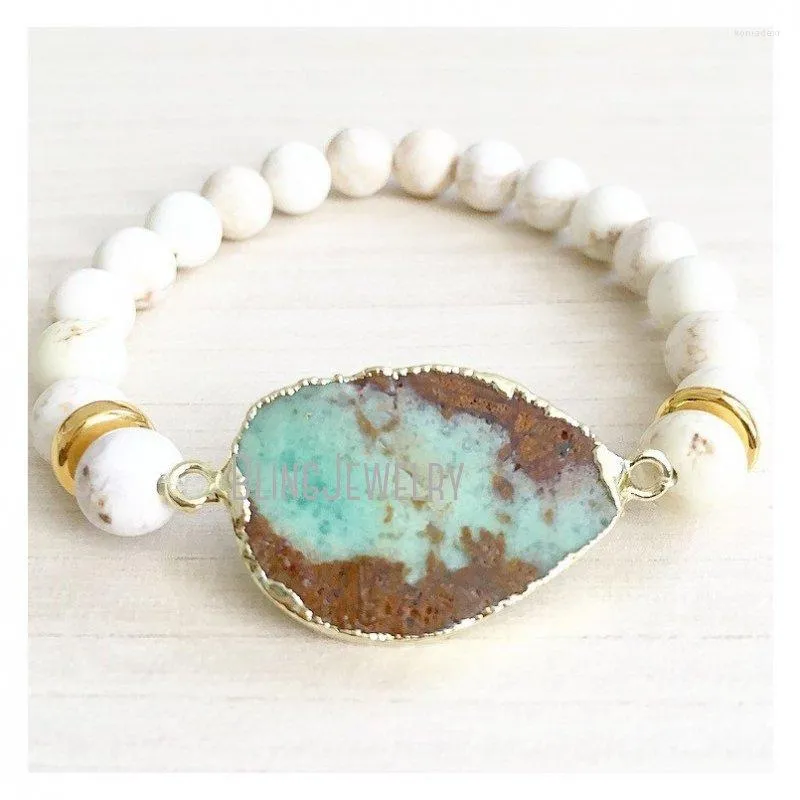 Strand Beige Crackle Howlite pärlor armband Jade Chrysoprase Stone Connector BM17689