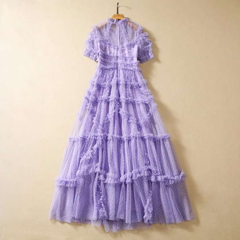2023 Purple Polka Dot Tulle Panelled Dress Short Sleeve Round Neck Long Maxi Casual Dresses S3Q210720 Plus Size XXL