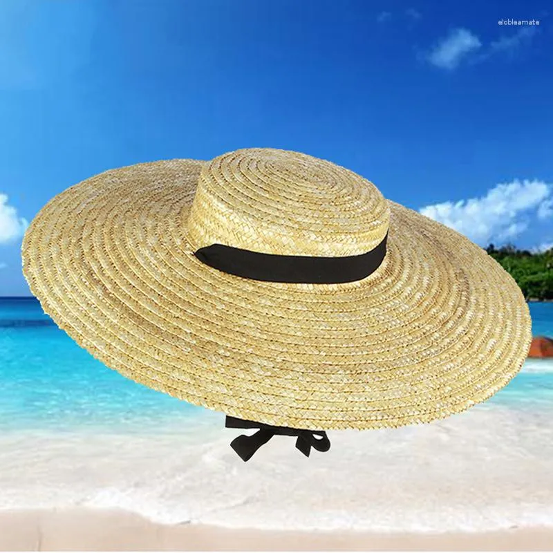 Chapeaux à large bord Femmes Chapeau de plaisancier 12cm 15cm 18cm Paille Plat Été avec ruban blanc noir Cravate Sun Beach Cap