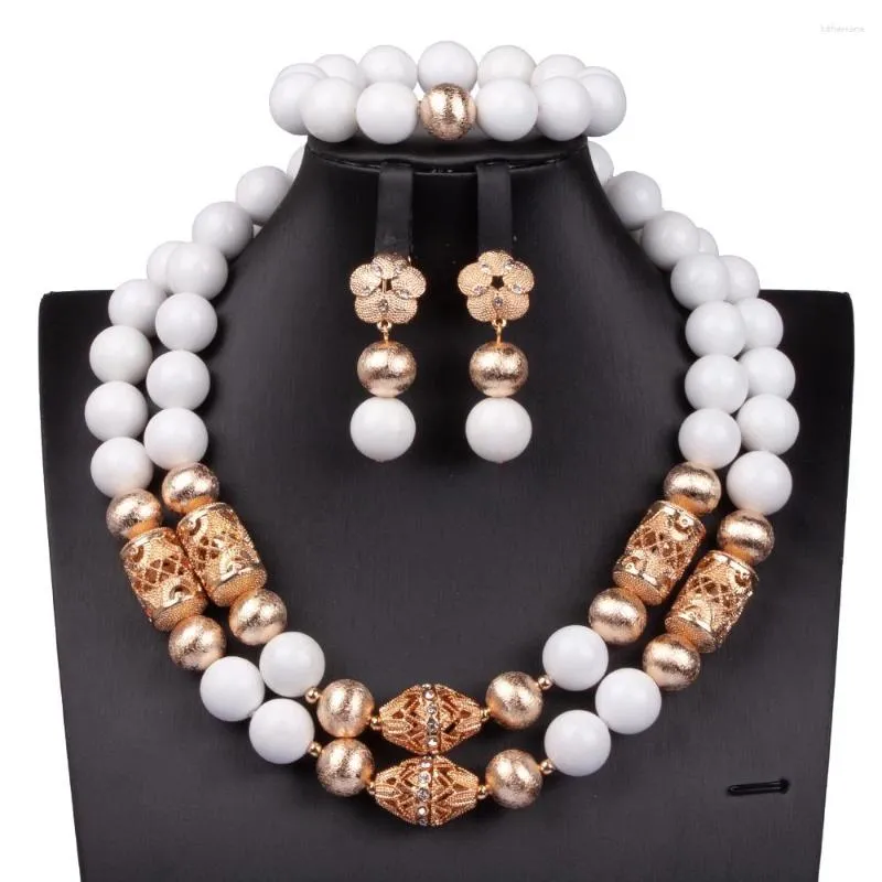 Necklace Earrings Set Elegant White Beads Nigerian Wedding Jewelry Gold Bridal Stone WE285