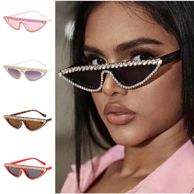 Fashion Sunglasses Women Cat Eye Sun Glasses Diamond Rimmed Adumbral Anti-UV Spectacles Eyeglasses Small Frame Ornamental