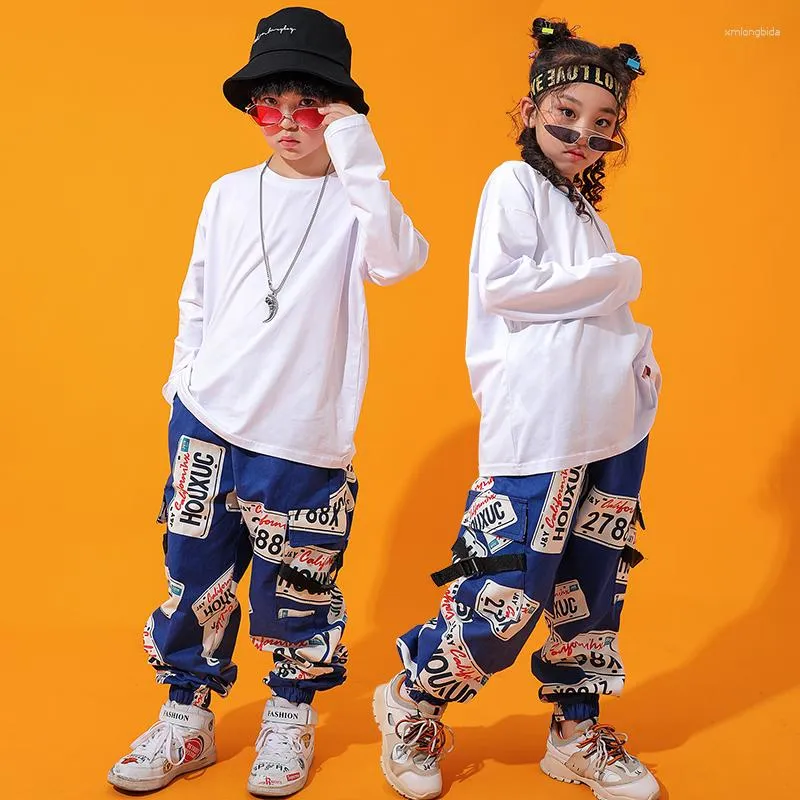 Stage Wear Children Hip Hop Dance Clothing For Kids Loose White Sweatshirt Cargo Pants Kpop Girls Boys Jazz Streetwear