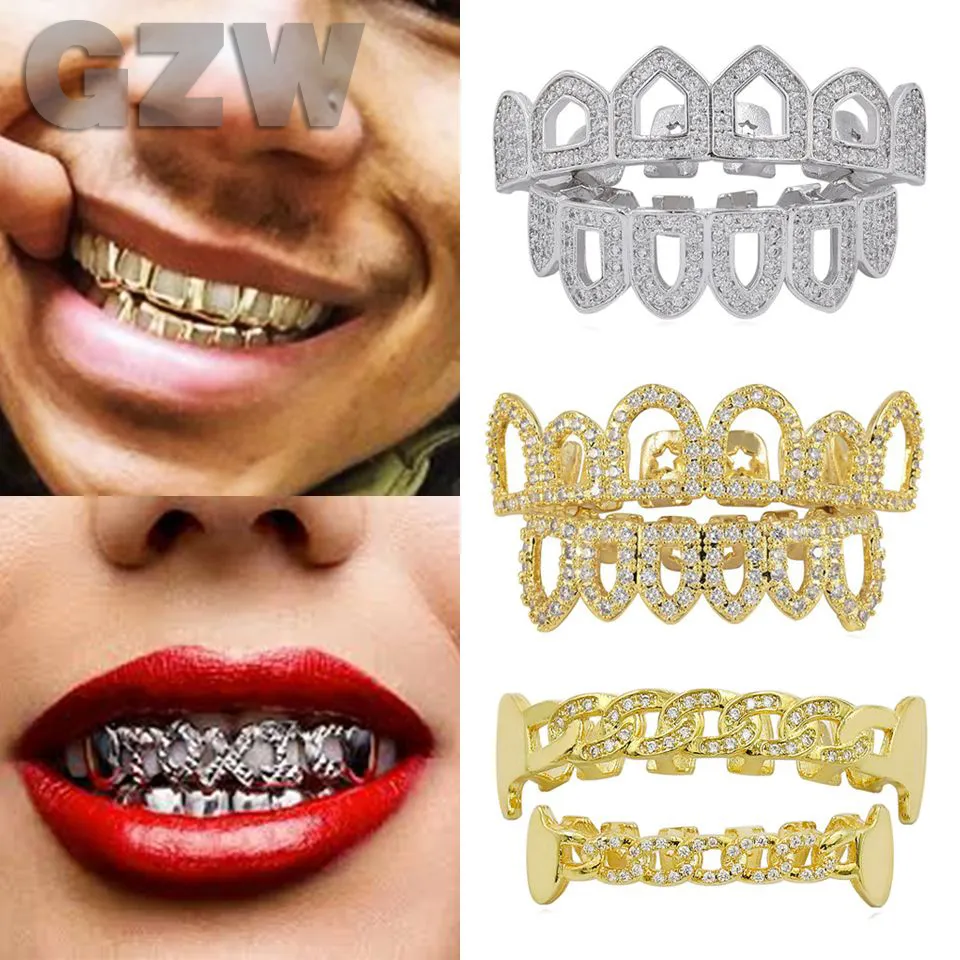 18K Real Gold Diamond Hollow Teeth Grillz Dental Mouth Iced Out Fang Grills Braces Tooth Cap Vampire Full Diamond Punk Hip Hop Rapper Jewelry 남성 여성 Wholesale