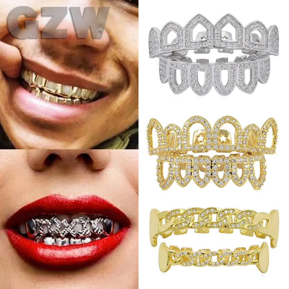 18K Oro real Diamante Dientes huecos Grillz Boca dental Helado Colmillo  Parrillas Tirantes Tapa de dientes Vampiro Diamante completo Punk Hip Hop