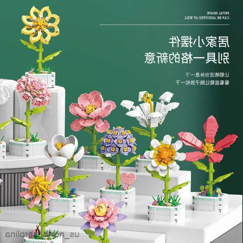 Blocks Rose Bouquet Beautiful Flower Succulents Potted Building Blocks Romantic Assembly Building Toy girl gift R230911