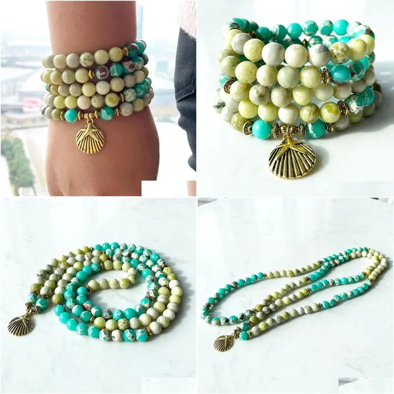 구슬 MG1388 녹색 재스퍼 노란색 청록색 108 Mala Bracelet Womens 요가 영적 목걸이 nce 에너지 보석 배달 Dhgarden dhcal