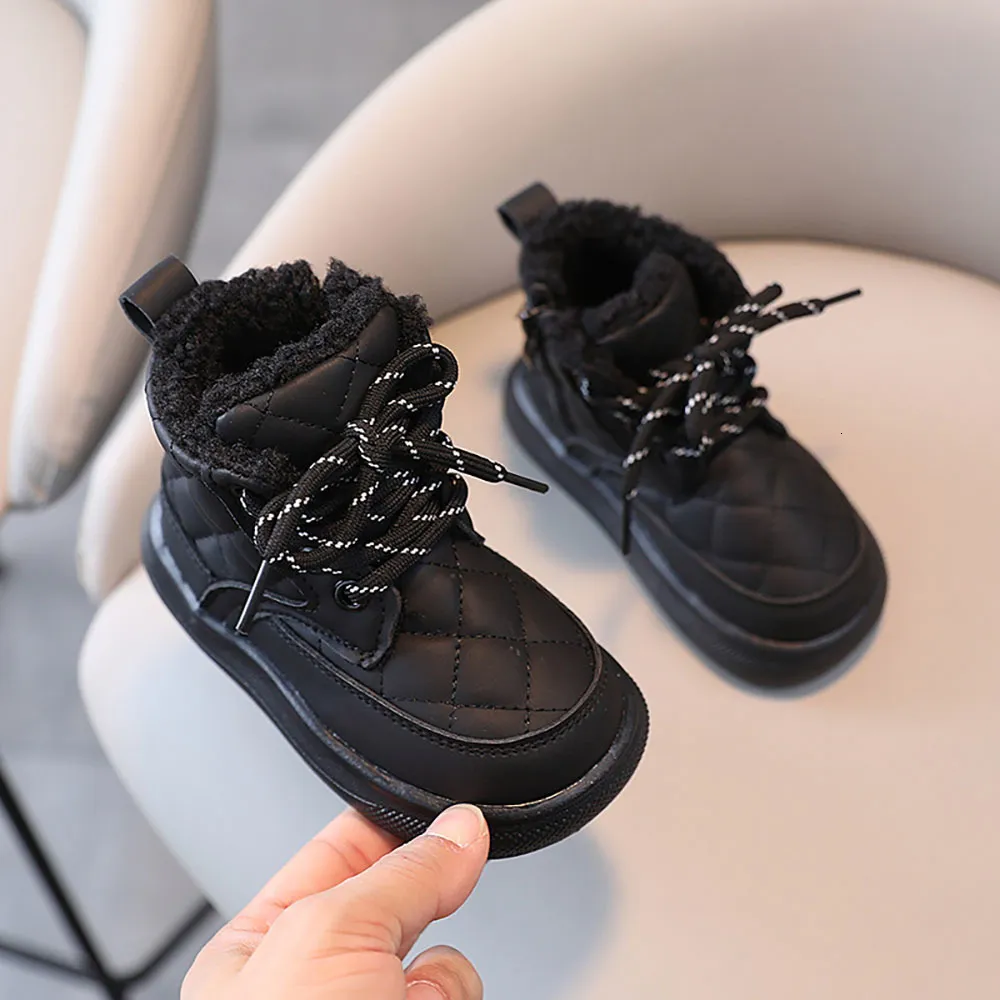 Boots Martin Thick Leather Fashion 230911 Trend Girls For Casual Kids Huan08, Warm From Korean Shoes Boots Style PU Winter $13.73 For Plaid Boots Plush Snow