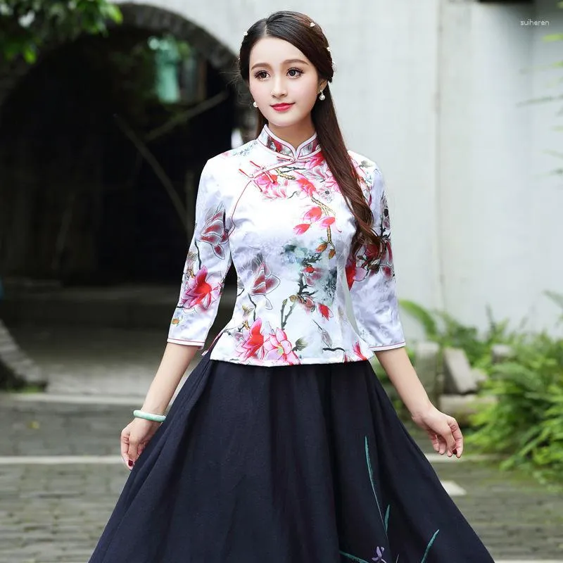 Ubranie etniczne plus rozmiar 4xl Chin Chinese Tops Jacquard bawełniany druk krótkie Cheongsam Qipao siedem rękawów.