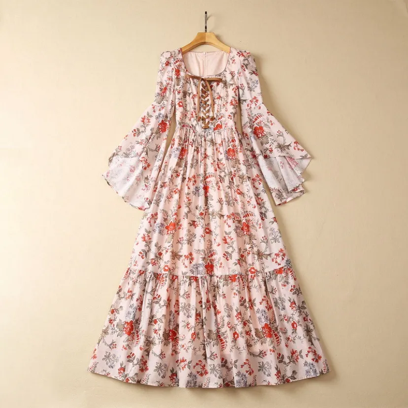 2023 Floral Print Lace up Front Cotton Dress Long Sleeve Square Neck Panelled Long Maxi Casual Dresses S3L150525