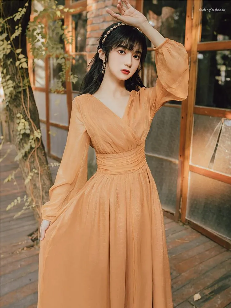 Casual Dresses Women Clothing Yellow Fashion V-neck Sexy Temperament Maxi Dress Fairy Ladies Retro Holiday Style 2023 Autumn Send Bandana