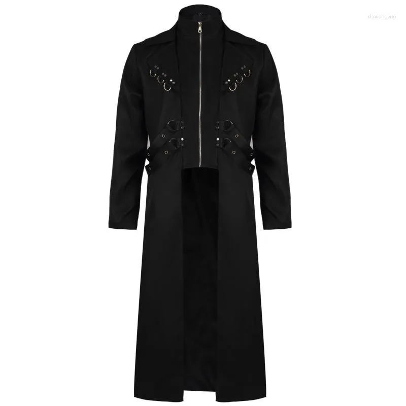 Men's Trench Coats Men Long Sleeve Steampunk Victorian Tailcoat Jacket Gothic Belt Ribbon Zipper Coat Hip Stage Cosplay Costume Uniform