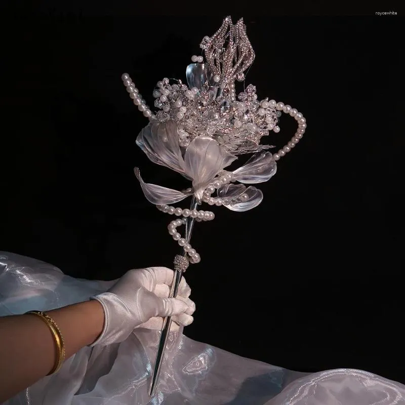 Kwiaty ślubne Janevini High-end Srebrne bukiety ślubne Perły ręcznie robione 3D bukiet berła na panny młodej kostium ręczny rekwizyty