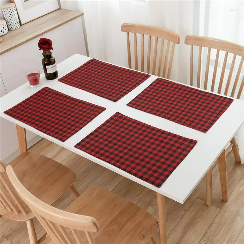 Tischsets 1 Stück 32x45 cm Rot Schwarz Gitter Abendessen Tischset Weihnachtsfeier Dekor Isolierpad Baumwollleinen