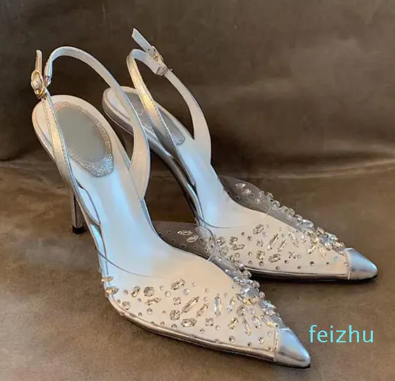 Nytt mönster Kristall-utmärkt PVC-pumpar spol klackar sandaler för kvinnor lyxdesigner klänning sko kväll slingback skor