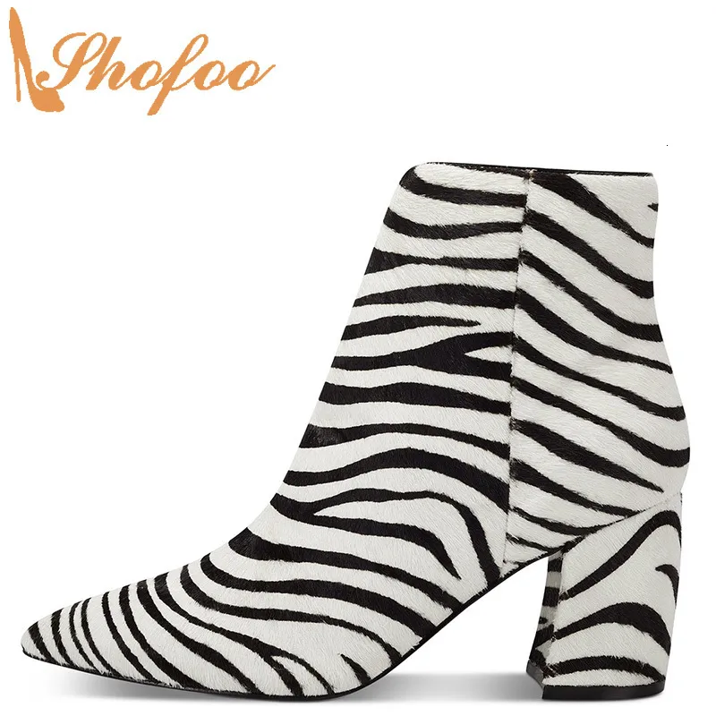 Buty Zebra Print Drukuj wysokie obcasy Kobieta Kobieta Wskazana botki na zamek błyskawiczne duże rozmiar 14 15 Ladies Fashion Winter Buty Shofoo 230911