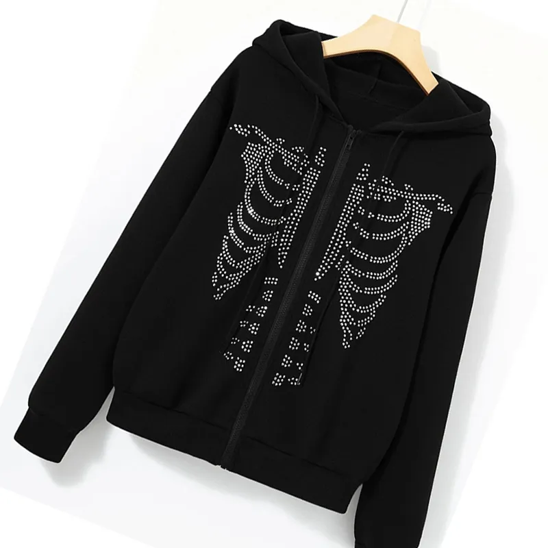 Skeleton Jacket Rhinestone Euramerican Harajuku Jacket Autumn Thermal Zip-Up Hoodie with ...