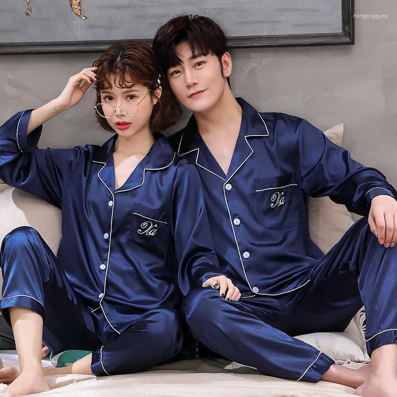 Vêtements de nuit pour femmes Couple Pyjamas Femmes Printemps Glace Soie À Manches Longues Sleepcoat Costume Pour Hommes Lâche Grande Taille Mince Solide Homewear Vêtements