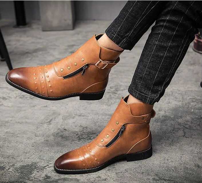 Men Basic Boots PU Leather Vintage Fashion Mens Shoes Zip Winter